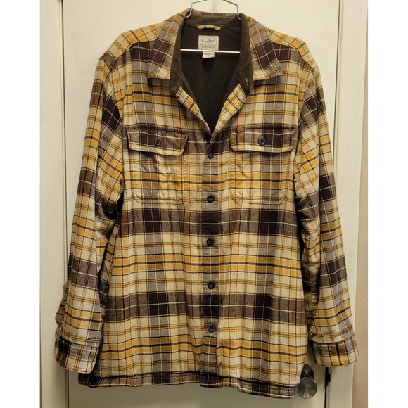 L.L. Bean Other - L.L. Bean flannel yellow and brown Button Up sherpa fleece line men's size large